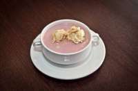 Leroy Cafe | Marzipan strawberry cream soup with almond cottage-cheese dumplings | Menu24.hu